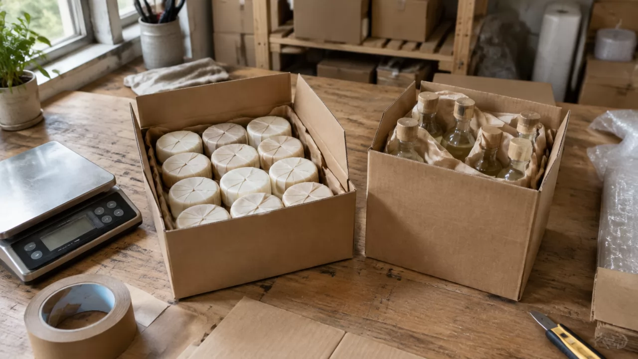 Karton mit Shampoo-Riegeln neben einem Karton mit Flaschen auf einem Packtisch