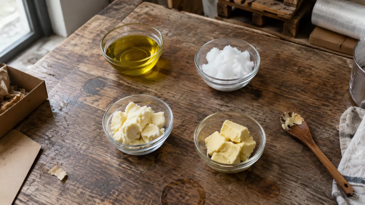 Bowls of olive oil, coconut oil, shea and cocoa butter on a wooden bench