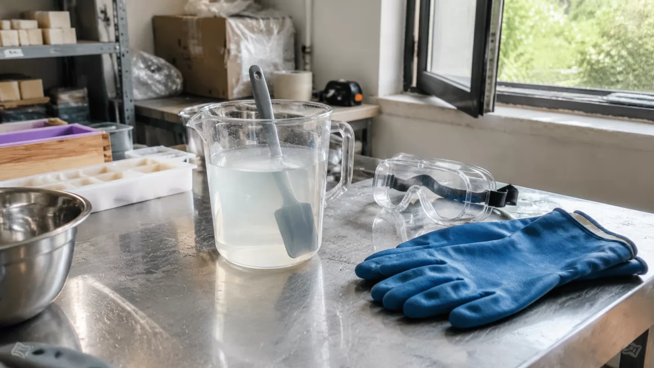product-1280-720 Laugenlösung im Krug neben Schutzbrille und Handschuhen am Arbeitstisch