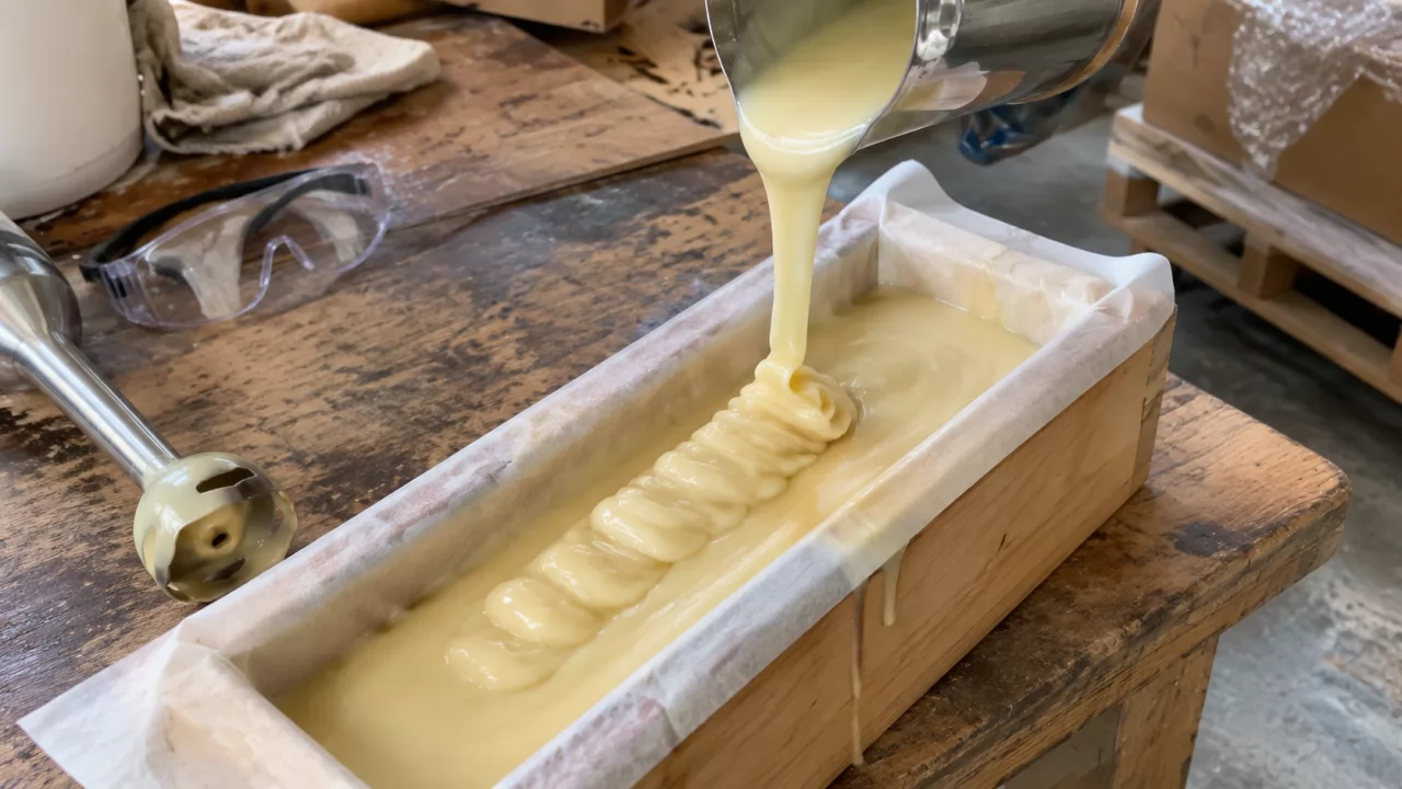 Pâte à savon épaisse versée dans un moule en bois doublé de papier sulfurisé
