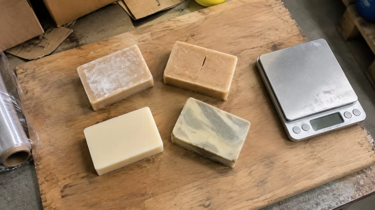 Trois barres de savon comparées : cendre de soude, fissure et barre saine