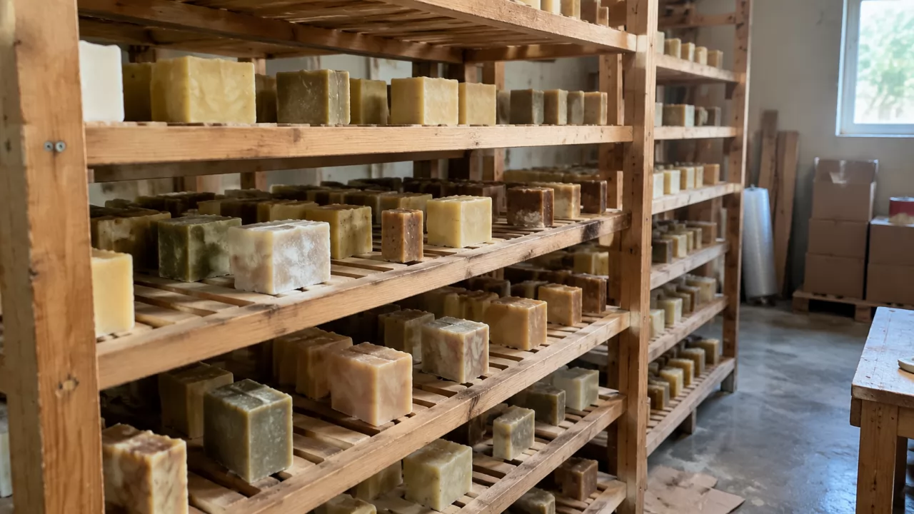 product-1280-720 Geschnittene Seifenstücke zum Aushärten auf Holzgestellen im Lagerraum