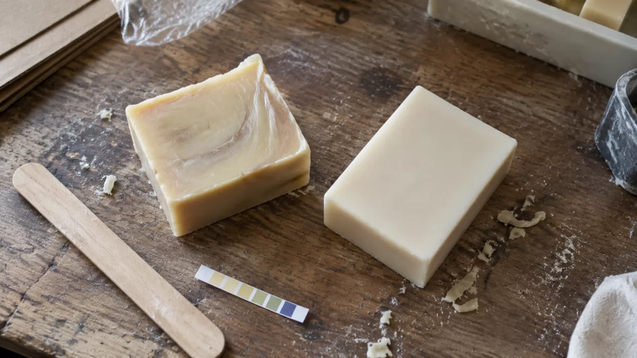 Zwei verschiedene Shampoo-Riegel mit pH-Teststreifen auf einem Holztisch